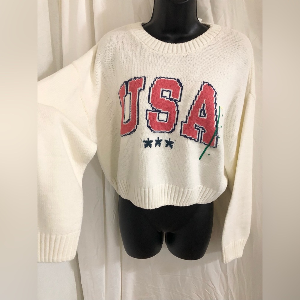 Cream off white‎ ribbed neckline USA patriotic Americana sweater size medium new